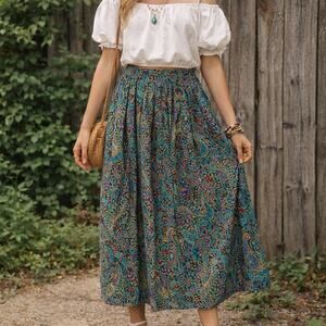 Vintage Worthington Paisley Print Blue Pleated Boho Midi Skirt Women’s Medium